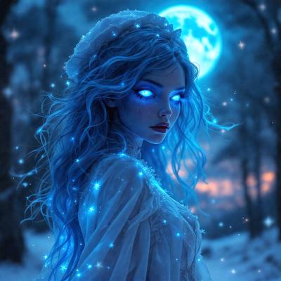 The primary subject of the image is a woman with blue hair, wearing a white dress and a veil. She is standing in a snowy forest at night, with a full moon in the background. The visual style of the image is digital art, and the colors and mood are predominantly blue and cold, creating a serene and magical atmosphere.